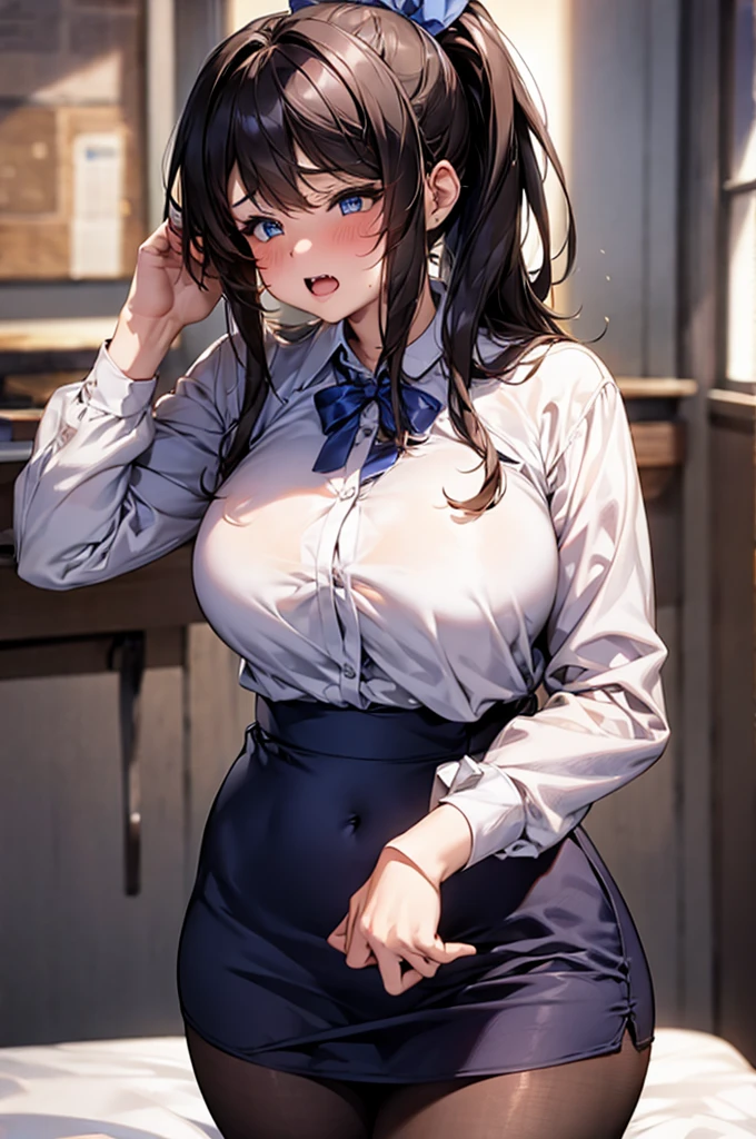 (, Fat middle-aged man:1.2),Browsing Caution,(Highest quality, 8k, masterpiece:1.3,beautiful girl), (Very detailed)Glowing Skin,(((Long Hair,ponytail,Blue Ribbon,Beautiful Hair))),(Perfect ???????, Anatomically correct, Very detailed肌),((Golden Eyes,Drooping eyebrows,I narrowed my eyes a little...........)),((Perfect Fingers,Five Fingers)), Baby Face, Mole under the eye,Double teeth,Big Breasts,Big Ass,high school girl,Embarrassed face,office, 破れたpantyhose、pantyhose、White shirt、Pencil Skirt、blush、(kiss)、(hug)