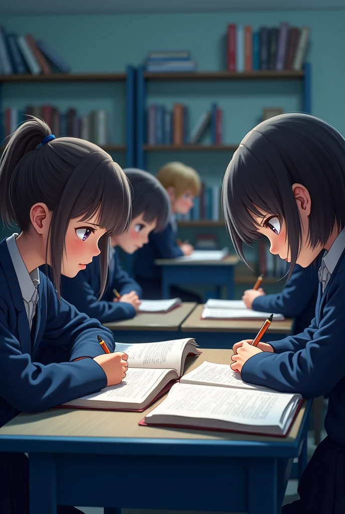Realistic style,  students in midnight blue uniforms are studying physics at blue student desks with math books. 