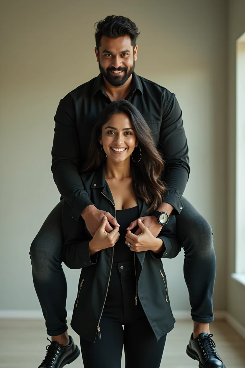 Create a realistic photograph of a smiling and beautiful indian actress in black jacket carrying a large man on her shoulders in a room, man is sitting on top of her shoulders , man on top, woman at bottom