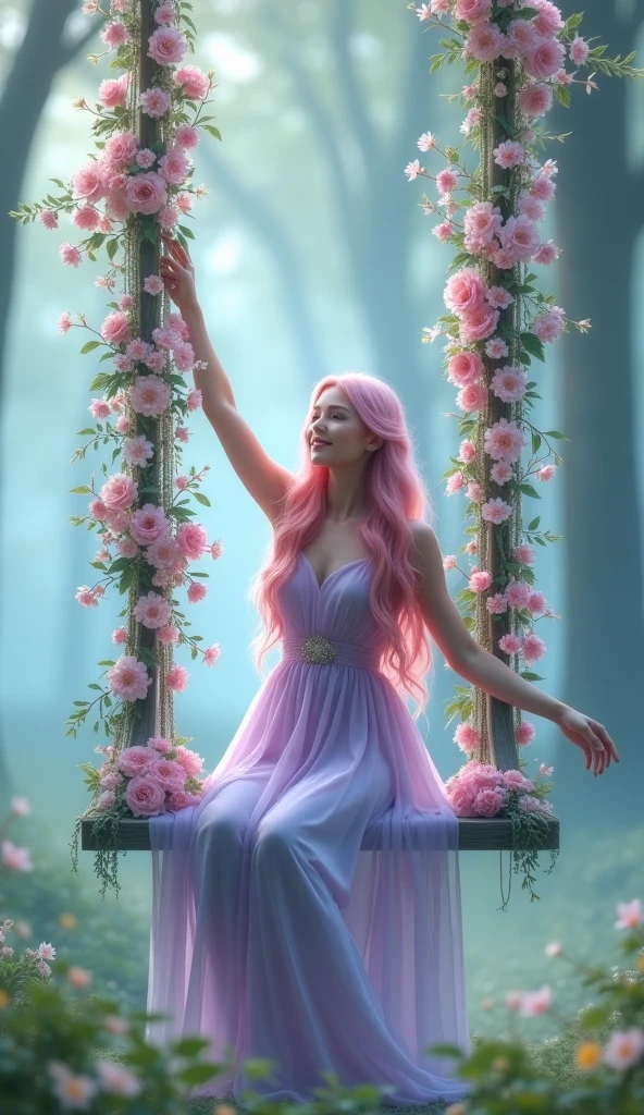 A dreamy, ethereal scene of a woman sitting gracefully on a swing adorned with abundant flowers in soft pastel tones. She wears a delicate lavender dress that matches her long, wavy pink hair. The atmosphere is filled with a mystical, foggy haze, enhancing the fairy-tale setting in a serene forest. The woman's pose, with one arm raised gently above her head, adds to the sense of tranquility and enchantment.

((ethereal scene)), ((woman on swing)), ((flower-adorned swing)), ((lavender dress)), ((pink hair)), ((mystical foggy atmosphere)), ((serene forest)), ((dreamy setting)) BREAK ((highres:1.5)), ((best quality:1.6)), ((fairy-tale atmosphere:1.4)), ((soft lighting:1.3)).