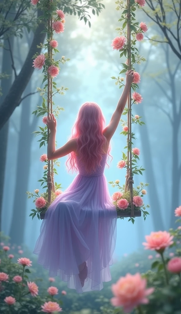A dreamy, ethereal scene of a woman sitting gracefully on a swing adorned with abundant flowers in soft pastel tones. She wears a delicate lavender dress that matches her long, wavy pink hair. The atmosphere is filled with a mystical, foggy haze, enhancing the fairy-tale setting in a serene forest. The woman's pose, with one arm raised gently above her head, adds to the sense of tranquility and enchantment.
((ethereal scene)), ((woman on swing)), ((flower-adorned swing)), ((lavender dress)), ((pink hair)), ((mystical foggy atmosphere)), ((serene forest)), ((dreamy setting)) BREAK ((highres:1.5)), ((best quality:1.6)), ((fairy-tale atmosphere:1.4)), ((soft lighting:1.3)).