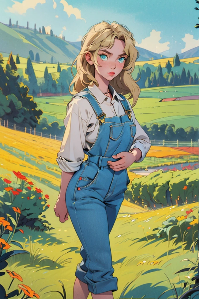 (masterpiece, best quality), female young adult, buoyant, maori, green eyes ,  honey blonde long and  hair, wearing bermuda overalls, babydoll, oxford shoes,, exuding elegance and allure, silhouettes, characters outlined against a bright background, evoking intimacy without explicit details, a picturesque countryside, with rolling hills, green meadows, and grazing animals 1girl, Looking at viewer, thin dainty sun kissed skin