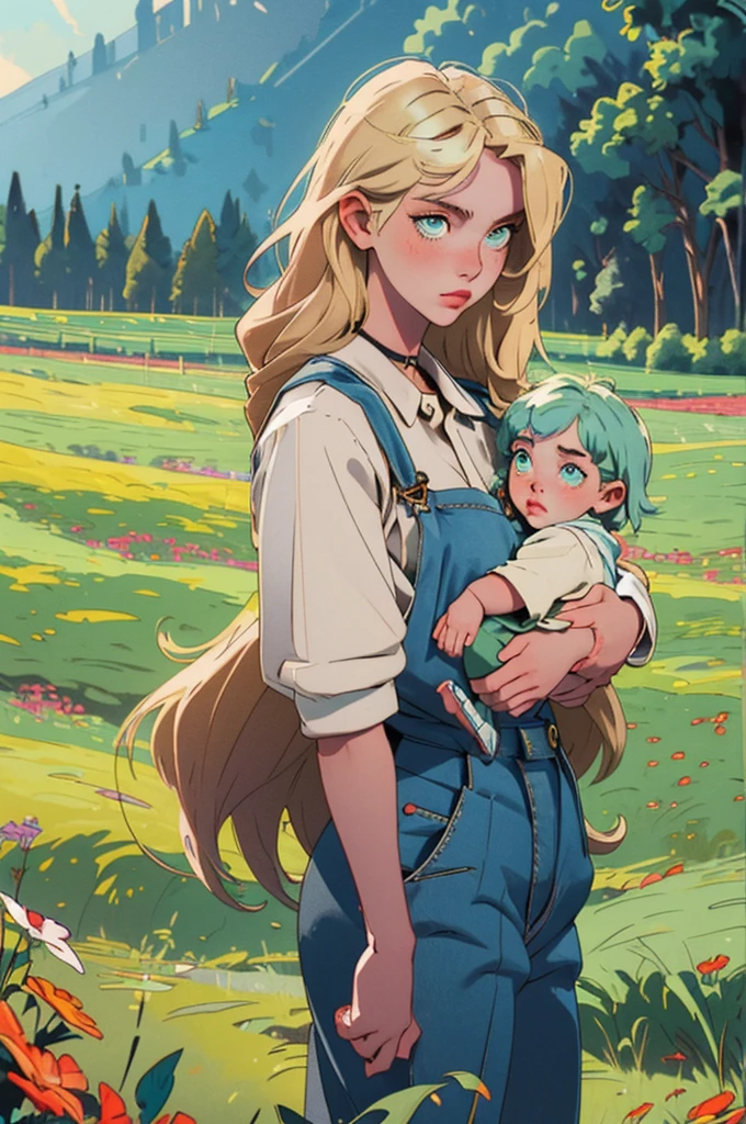 (masterpiece, best quality), female young adult, buoyant, maori, green eyes ,  honey blonde long and  hair, wearing bermuda overalls, babydoll, oxford shoes,, exuding elegance and allure, silhouettes, characters outlined against a bright background, evoking intimacy without explicit details, a picturesque countryside, with rolling hills, green meadows, and grazing animals 1girl, Looking at viewer, thin dainty sun kissed skin