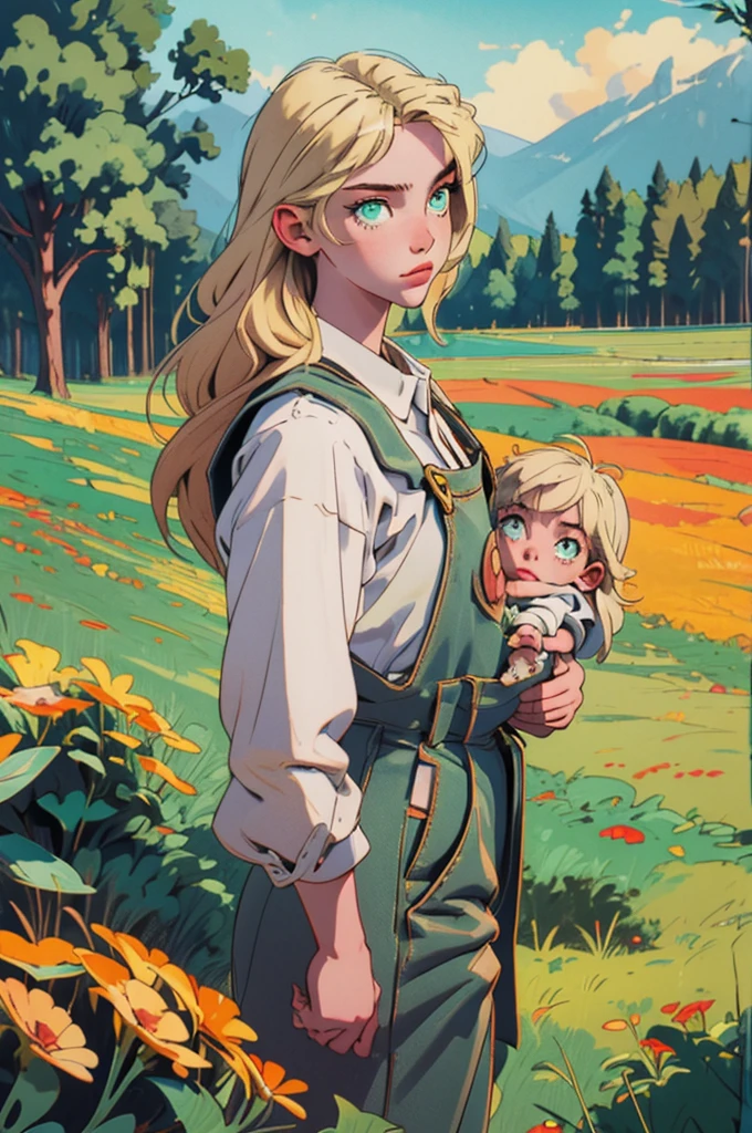(masterpiece, best quality), female young adult, buoyant, maori, green eyes , honey blonde long and hair, wearing bermuda overalls, babydoll, oxford shoes,, exuding elegance and allure, silhouettes, characters outlined against a bright background, evoking intimacy without explicit details, a picturesque countryside, with rolling hills, green meadows, and grazing animals 1girl, Looking at viewer, thin dainty sun kissed skin