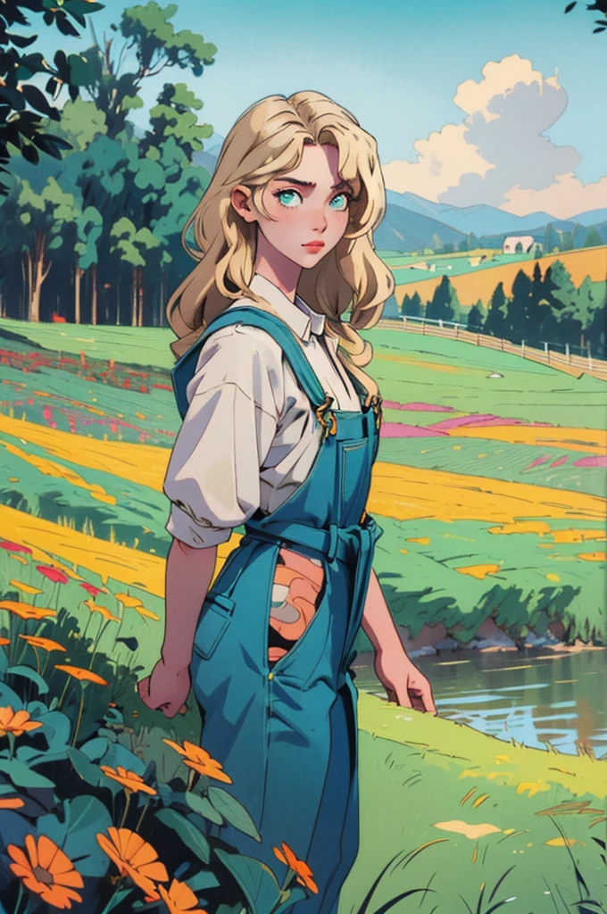 (masterpiece, best quality), female young adult, buoyant, maori, green eyes ,  honey blonde long and  hair, wearing bermuda overalls, babydoll, oxford shoes,, exuding elegance and allure, silhouettes, characters outlined against a bright background, evoking intimacy without explicit details, a picturesque countryside, with rolling hills, green meadows, and grazing animals 1girl, Looking at viewer, thin dainty sun kissed skin