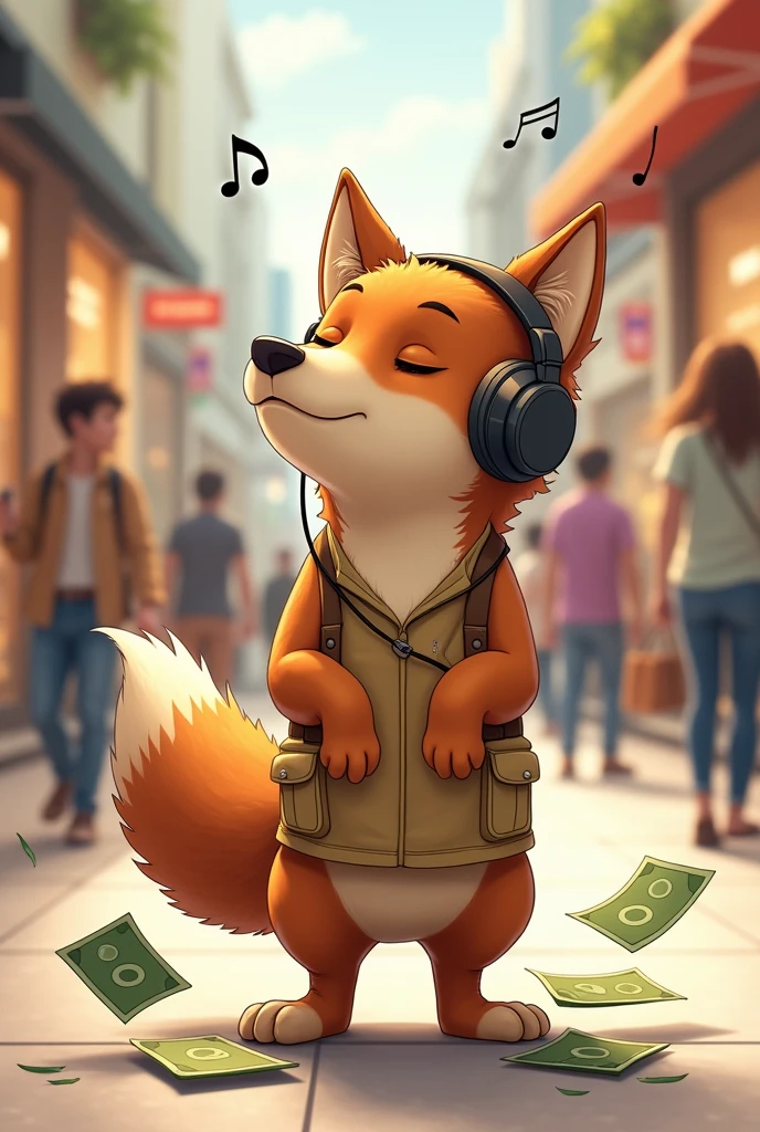 A brown wolf,Realistic and cute,Stand up,Wearing headphones and listening to music,Musical notes are on top of the head,Shopping mall background,Money falls out of the pocket,Money falls to the ground