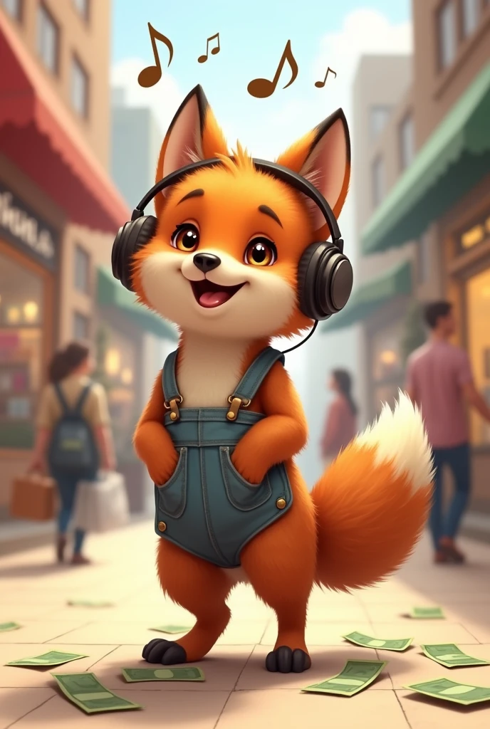 A brown wolf,Realistic and cute,Stand up,Wearing headphones and listening to music,Musical notes are on top of the head,Shopping mall background,Money falls out of the pocket,Money falls to the ground