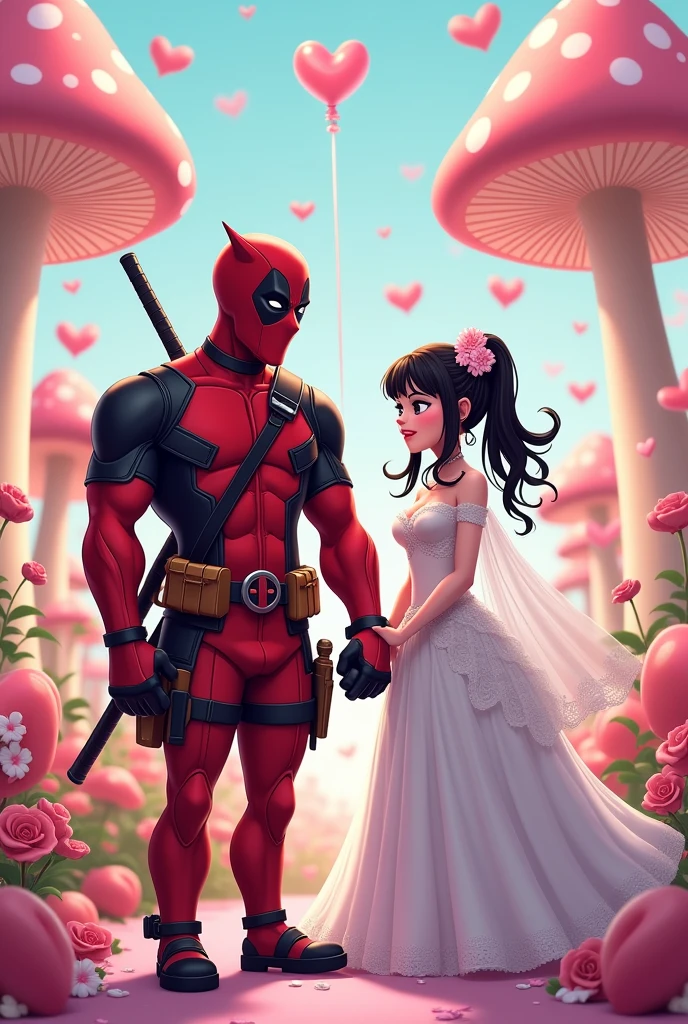 Deadpool and Kuromi from the My Melody cartoon getting married at a wedding