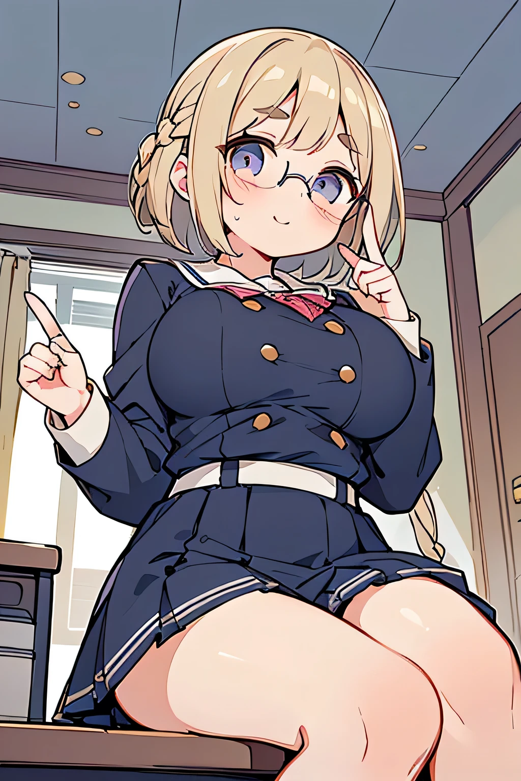 Highest quality、High resolution、Detailed Background、(Beautiful face in every detail:1.4)、Anatomically correct、(Normal number of fingers:1.2)、Highly detailed face、(Detailed eyes:1.2)、Teenage beauty、(Huge breasts:1.2)、Perfect body line、Light color hair、Braided bob cut、ponytail、Wavy Hairstyle、well-groomed eyebrows、Glasses、Sailor suit、JK Uniform、Pleated skirt、White Stockings、A big smile、blush、Accentuate your cleavage、Accentuate your breasts、
(The button on her uniform is broken and her breasts are spilling out:1.5)、(View from below of a girl sitting at a desk:1.5)、(Underboob:1.3)、Panty shot、cute