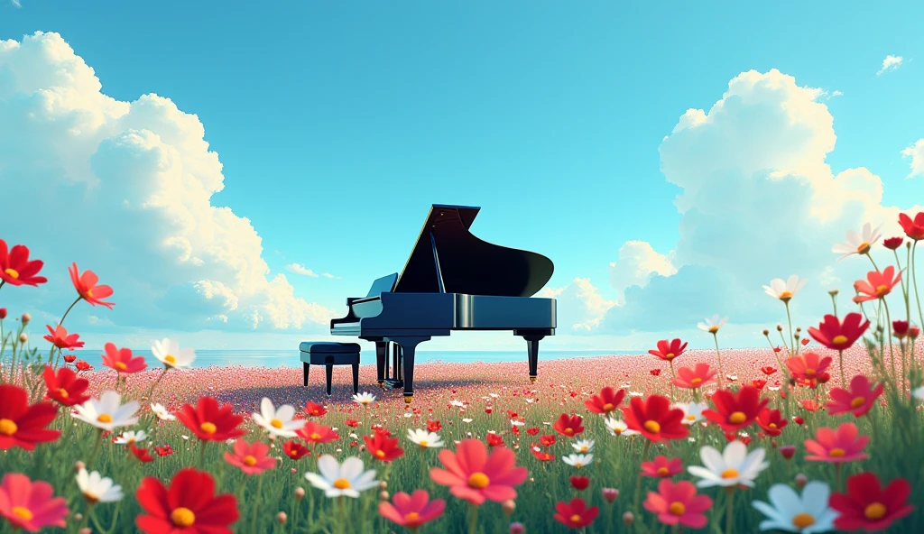 「Under the blue sky、グランドpianoが置かれたFlower Field、黒いグランドpiano、White fluffy clouds、Fantastic landscape」 「グランドpiano、Mysterious atmosphere、Digital Art」 「piano、Flower Field、Fantastic landscape、Silence、Lonely」Flowers swaying in the wind、Colorful cosmos flowers in red, white and yellow