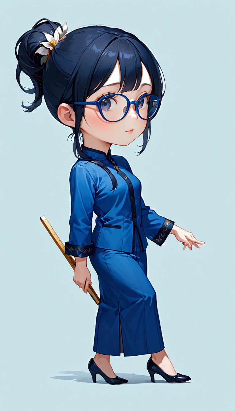 Highest quality、high resolution、High detail、Manager、short ponytail hair、Middle-aged sister、whole body、Long ruler、Blue clothes、Blue glasses