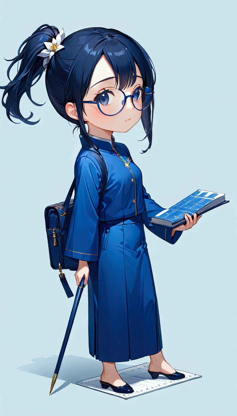 Highest quality、high resolution、High detail、Manager、short ponytail hair、Middle-aged sister、whole body、Long ruler、Blue clothes、Blue glasses