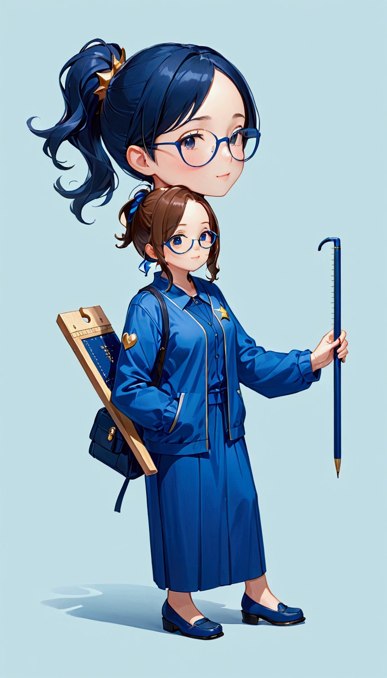 Highest quality、high resolution、High detail、Manager、short ponytail hair、Middle-aged sister、whole body、Long ruler、Blue clothes、Blue glasses