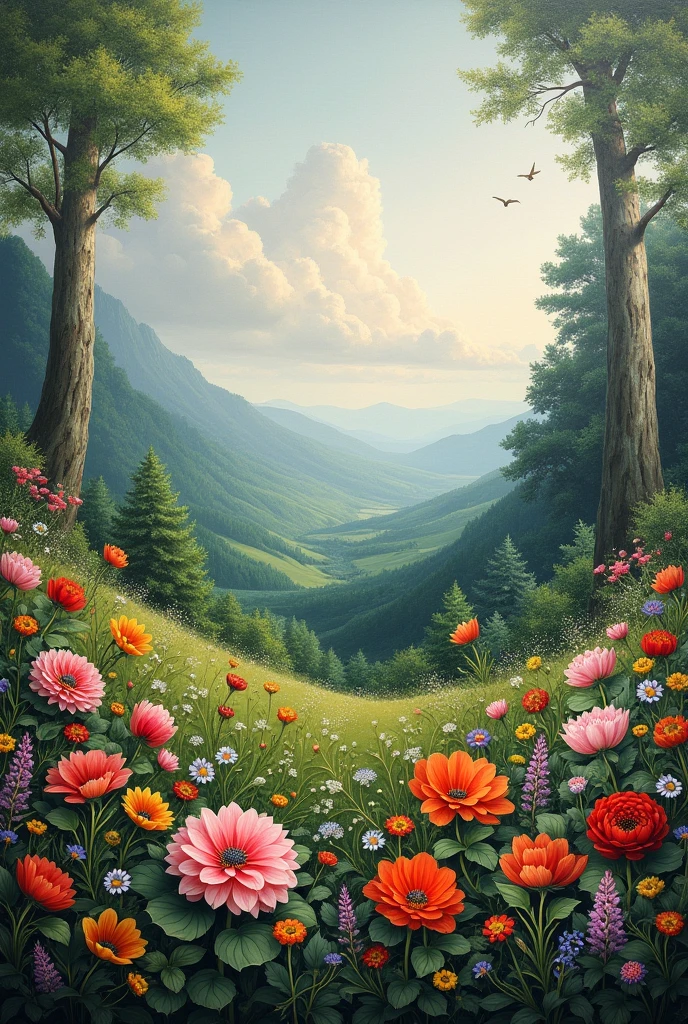 Large beautiful painting canvas in a forest with flowers and grass clouds trees and the background in shades of gray