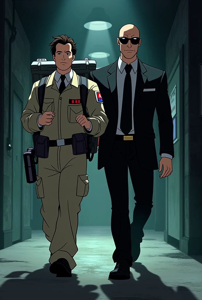 Peter Venkman from Ghostbusters walking with Agent K from Men in Black down a dark corridor in a JLU-style animated series.