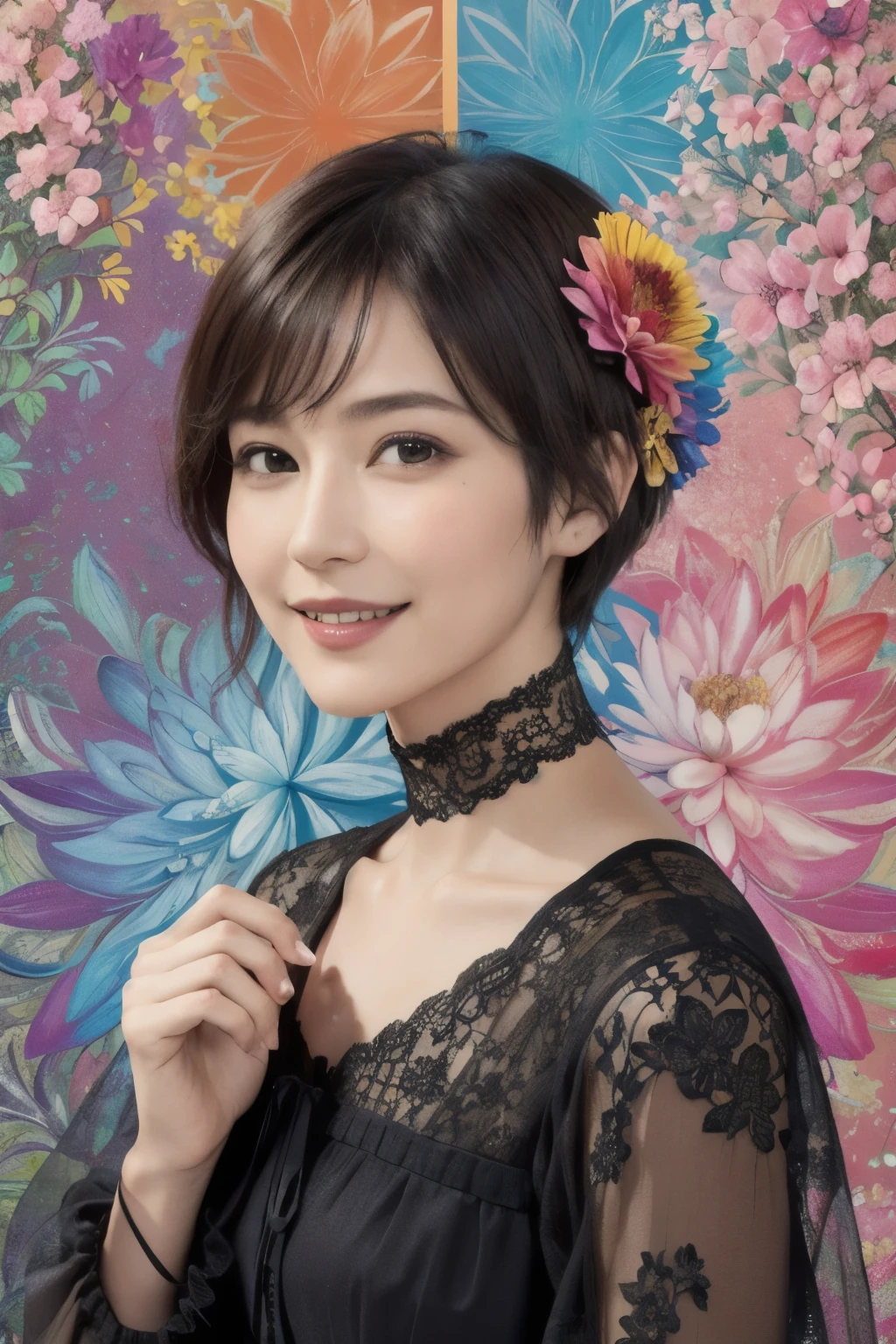 271 (20-year-old woman,short hair), (masterpiece, Highest quality, beautiful:1.2), Very detailed, (Fractal Art:1.1), (colorful:1.1), (flower:1.3), whole body, (Abstract background:1.3), (Many colors:1.4), (Old-fashioned smile), (window)