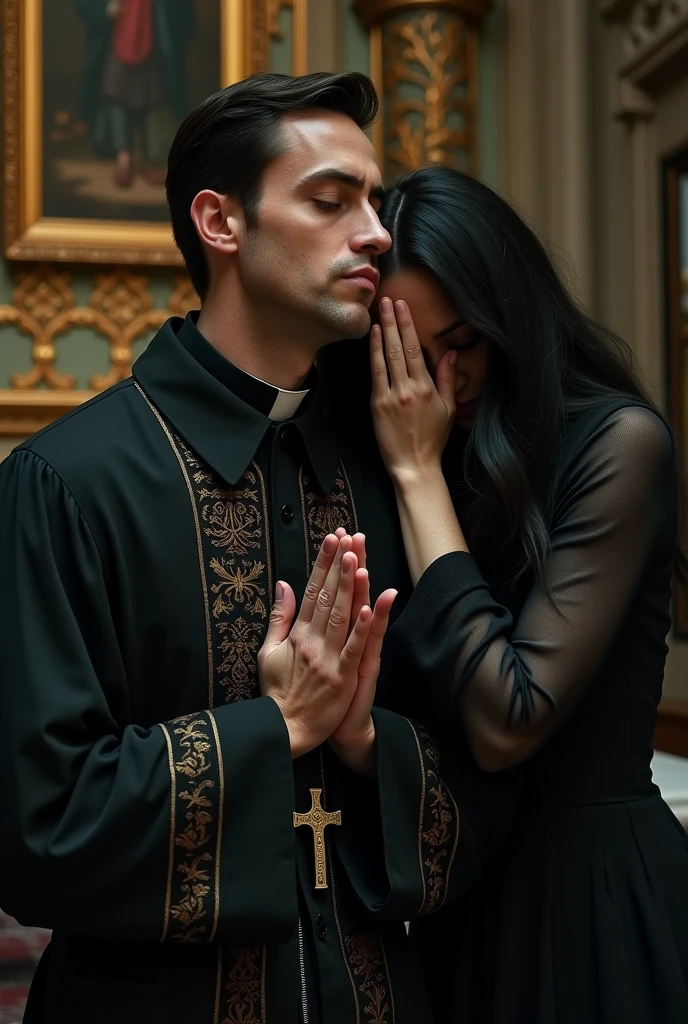 A Catholic priest praying as a woman covers his eyes with her hands and laying her head on him with sinister motive
