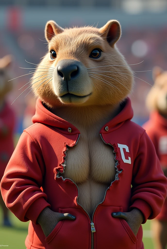 capybara mascot with a ripped sweatshirt abdomen