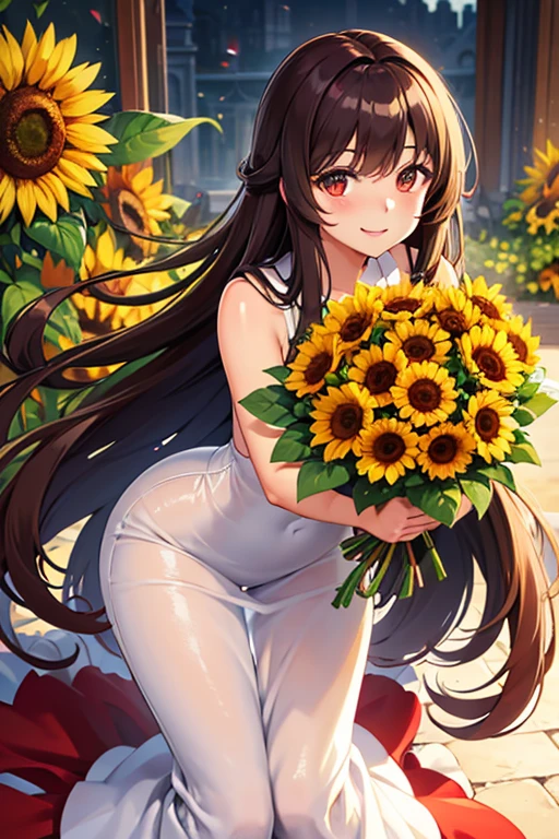 beautiful girl, long brown hair, bouquet of sunflower and red roses, shiny colors, smiling, glare eyes, looking ahead at viewer 