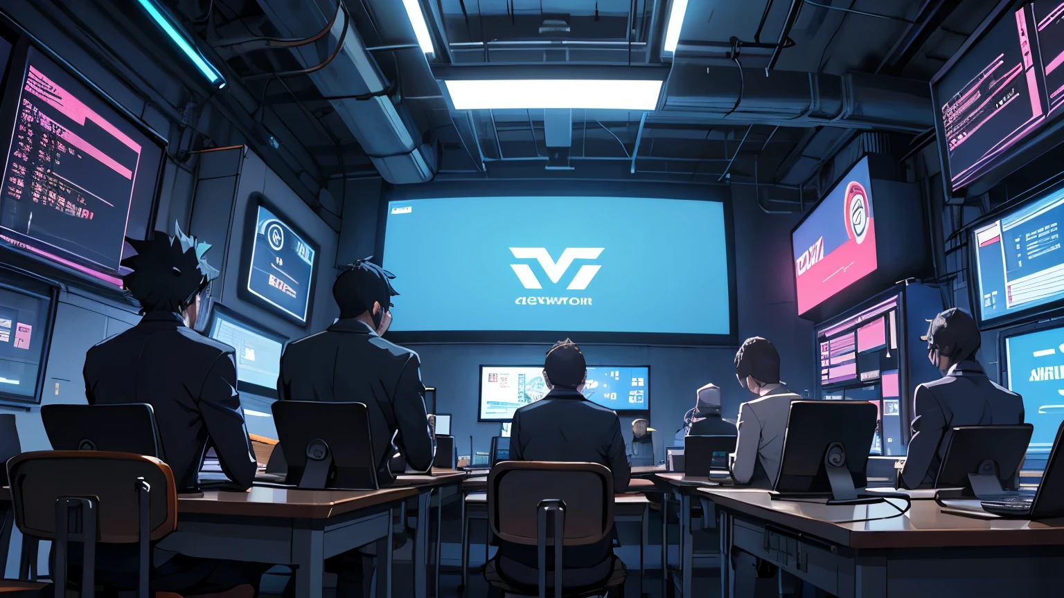 A cyberpunk computer school with a blue theme, with students and a professor instructing everyone.