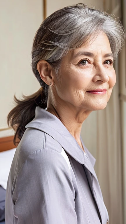 Highest quality、Realistic、woman、60s、Mature Woman、grandmother、Older age、zoom、Gray eyes、ponytail、Grey Hair、Wrinkled face、Sailor suit、Saggy breasts、Bedroom、Bust Shot、