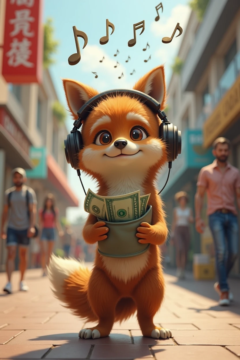 A brown wolf,Realistic and cute,Standing,Wearing headphones and listening to music,Musical notes are on top of the head,Shopping mall background,Money falls out of the pocket,Money falls to the ground