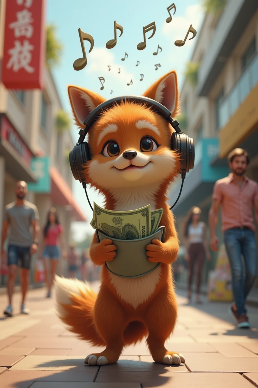 A brown wolf,Realistic and cute,Standing,Wearing headphones and listening to music,Musical notes are on top of the head,Shopping mall background,Money falls out of the pocket,Money falls to the ground