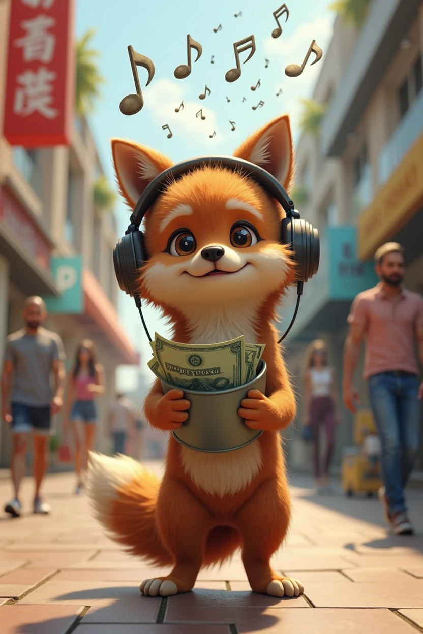 A brown wolf,Realistic and cute,Standing,Wearing headphones and listening to music,Musical notes are on top of the head,Shopping mall background,Money falls out of the pocket,Money falls to the ground