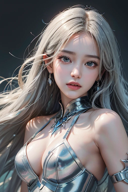 (masterpiece:1.3), (8k, Realistic, RAW Photos, Best image quality: 1.4), Fair-skinned fairy woman、Long Hair、Cleavage:2.0、Highly detailed face、Attention to detail、double eyelid、Chest to chest、Sharp focus:1.2、Beautiful woman:1.4、Silvery white hair、Highest quality、masterpiece、Ultra-high resolution、(Realistic:1.4)、Highly detailed and professionally lit smiles、Loose, Light, futuristic clothing、Shoulder out、thin、Serious expression、Short-haired、Deadly position, Gorgeous Accessories, One person 