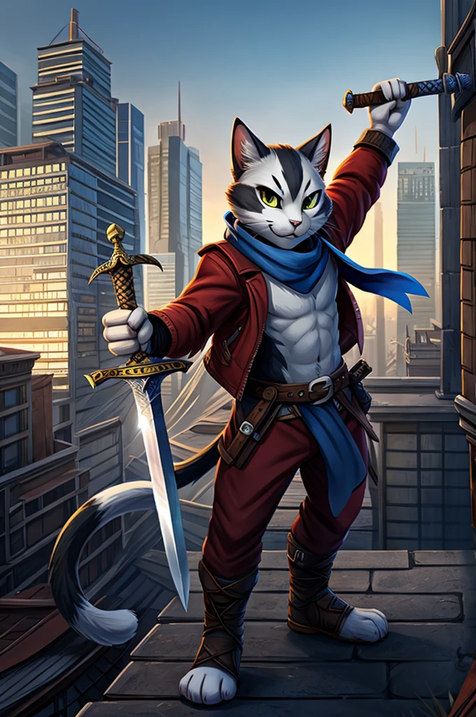 Playful black and white cat, donning a red jacket & blue scarf, stands on a rooftop with a city skyline behind. Wielding a sword, it's ready for adventure! 