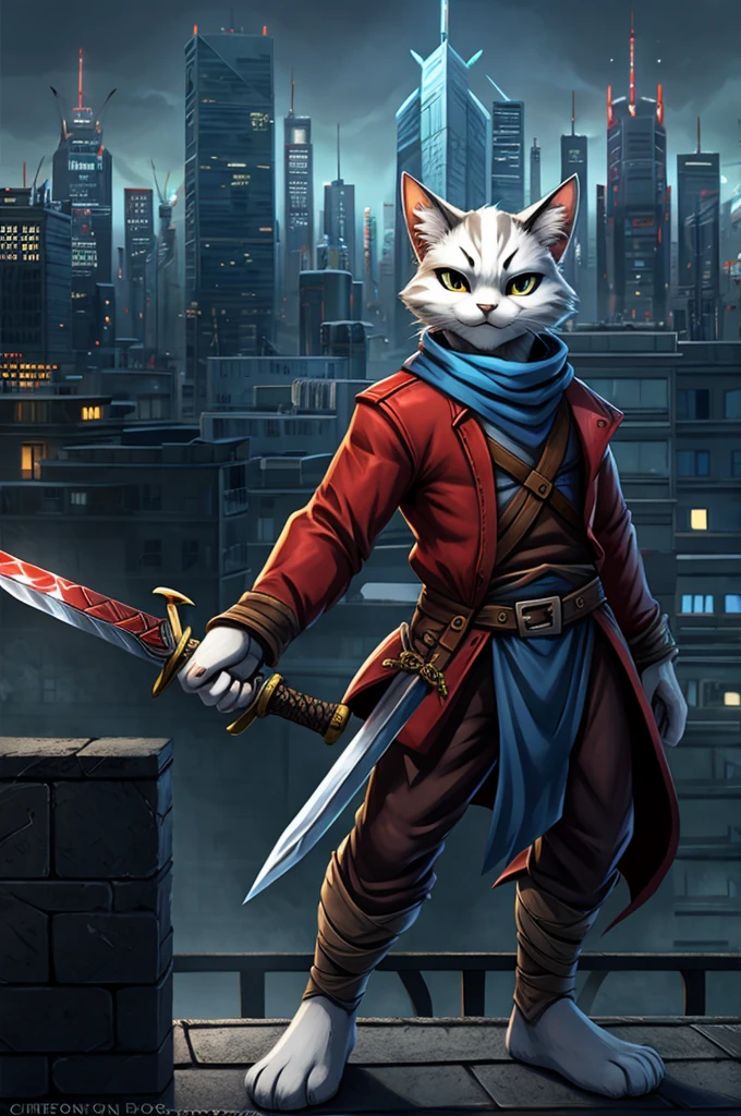 Playful black and white cat, donning a red jacket & blue scarf, stands on a rooftop with a city skyline behind. Wielding a sword, it's ready for adventure! 