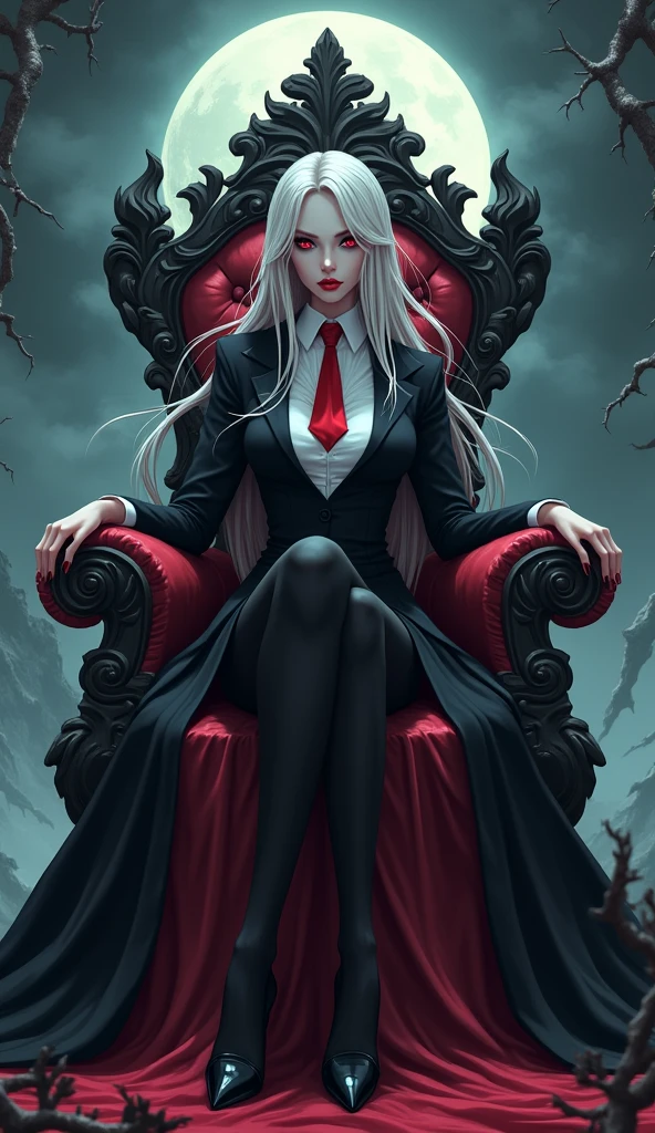 The woman vampire red eyes, long white hair,
She wear the long black coat inside the black coat has carmine color, black suit, white shirt, red necktie, long black pencil skirt, black tights, black high heels.
She sitting on the throne, black grey sky, fantastic night sky, moon, cartoon novel, 4K, HD