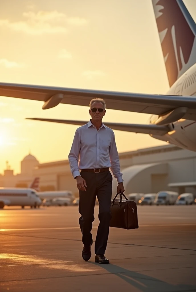 Make a man disembarking from the plane in Qatar