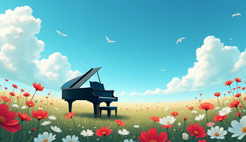 「Under the blue sky、グランドpianoが置かれたFlower Field、黒いグランドpiano、White fluffy clouds、Fantastic landscape」 「グランドpiano、Mysterious atmosphere、Digital Art」 「piano、Flower Field、Fantastic landscape、Silence、Lonely」Flowers swaying in the wind、Colorful cosmos flowers in red, white and yellow