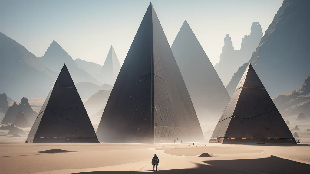 Create two futuristic gray pyramids amidst a desert landscape on the Planet Venus. The sky must be starry and at night.
