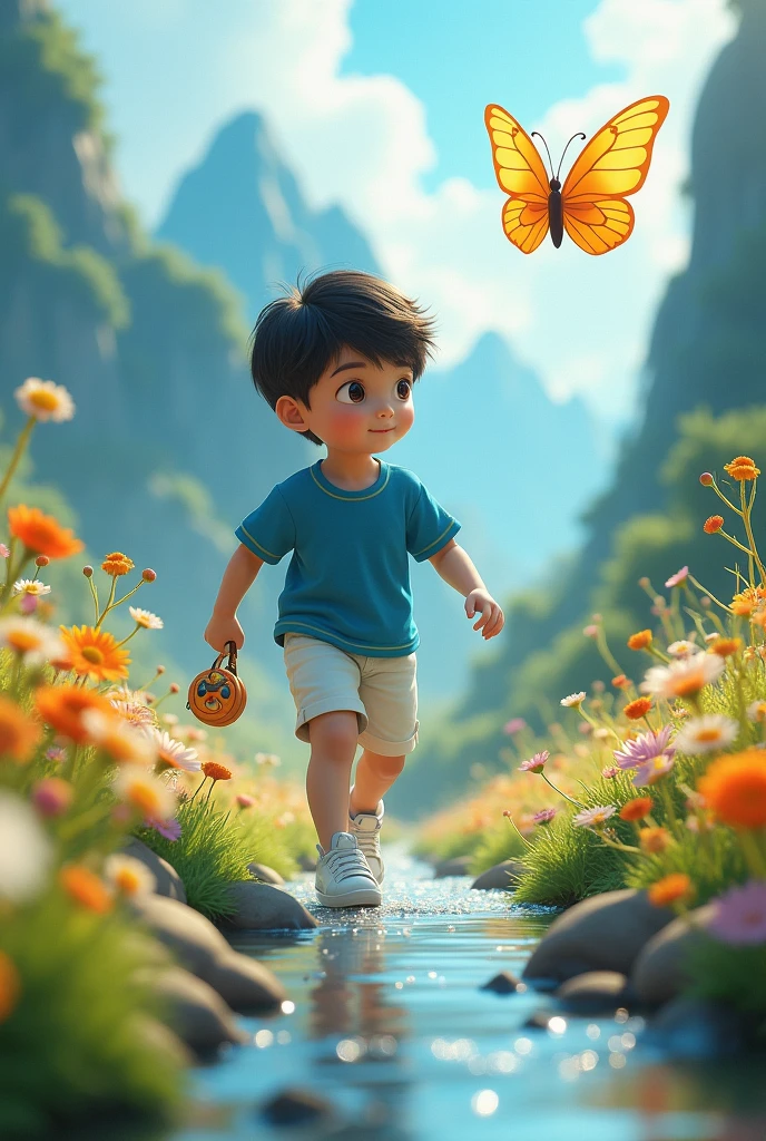 a boy with black hair, black eyes, wearing a blue shirt and white shorts and white sneakers with a toy in his hand, following the golden butterfly past sparkling streams and flowery mountains.