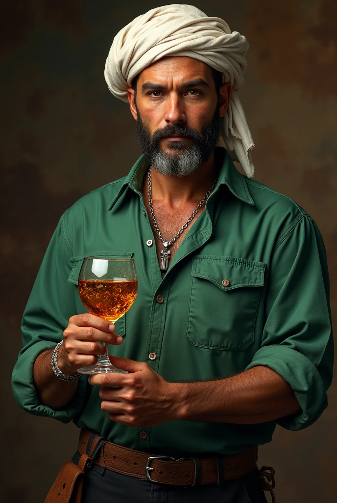 A short-bearded Romani man wearing a green shirt, black pants, and a white headscarf, holding a glass goblet.