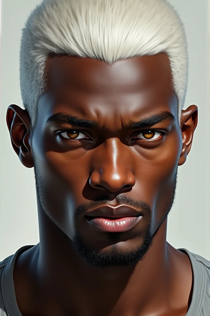 dark skinned man, White hair, straight hair, amber eyes, short hair, realist, portrait.
