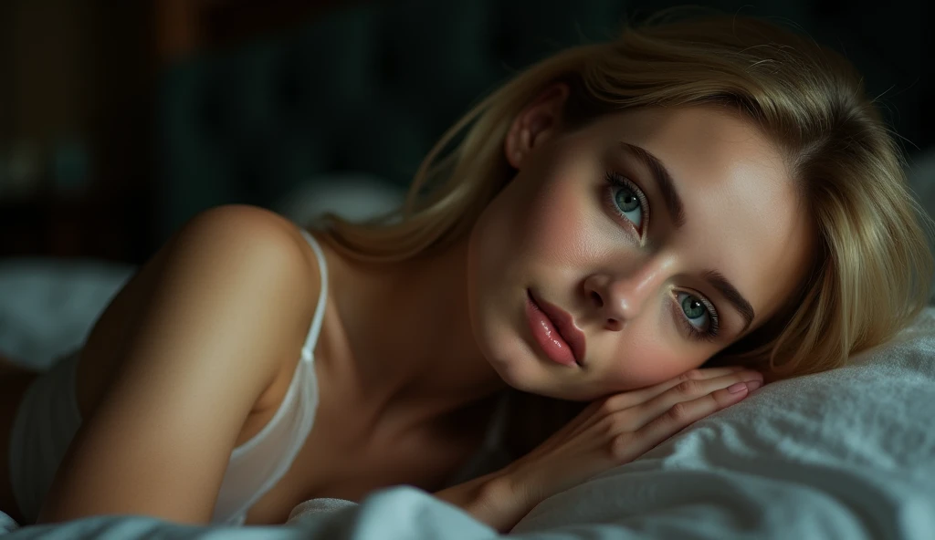 (((ultra realistic))) Photo, masterpiece, top quality, (pale skin), (Ultra detailed face and eyes:1.3), 27 years old woman smiling in anticipation, ((extremely irish pale skin)) , naked pink nipples, (detailed nipples), (subtle Eye makeup, mascara), ((thin small lips)), ((blonde glamorous medium hair)), ((glamorous Stylish hairstyle)) , ((((big) rounded) deep blue eyes)), subtle narrow jaw, (Natural medium breasts). ((Posing)), photoshoot, (Soft) Lighting, (The play of light and shadows in a dark bedroom), (special attention to skin detail: 1.2), Detailed leather texture, skin pores. (Warm atmosphere of the frame. color scheme - black, Red, green tones), UDR, ((Film grain)), ((open full body view, extremely detailed)) , ultra detailed, shyly subtle smile, shy sexy woman, (((translucent gaze t-shirt))), ((woman lies on bed expossing her sexy legs and hips)), woman in white 2 pieces lingerie underware, (cozy night bedroom), ((slim long legs and beautiful rear)), ultra sexy sensual shy woman, symmetrical and perfect face, women lies on her back in bed looking at viewer