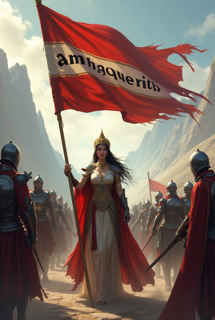 A princess with her warriors and on the flag it says amnhaqueritb