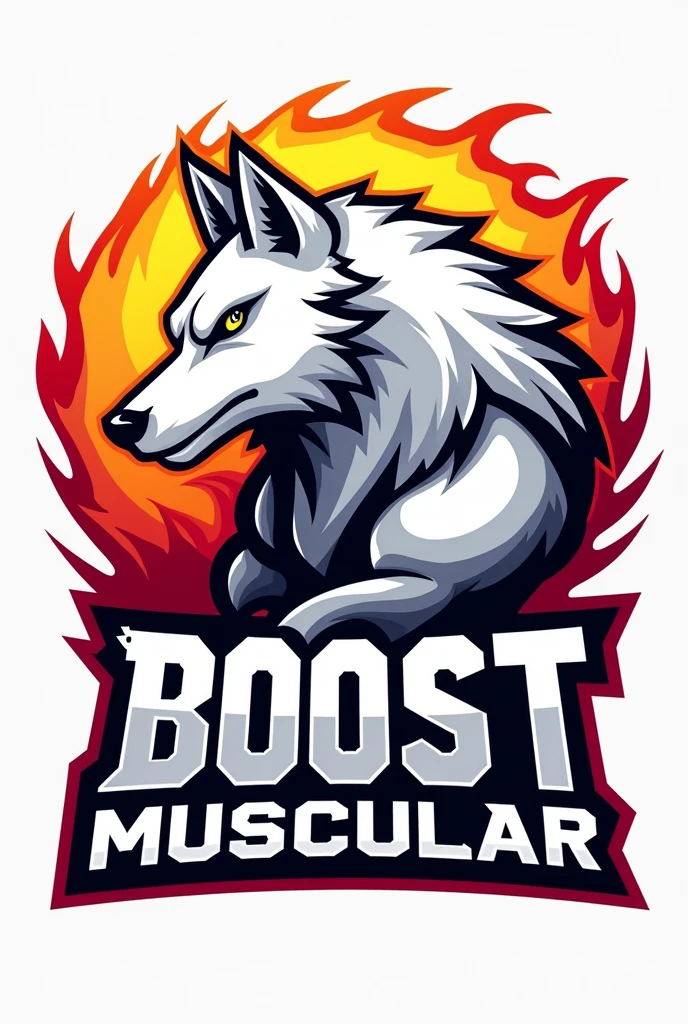 Create the logo of a store called BOOST MUSCULAR, The logo is for a gym supplement store, that the mascot is a white wolf