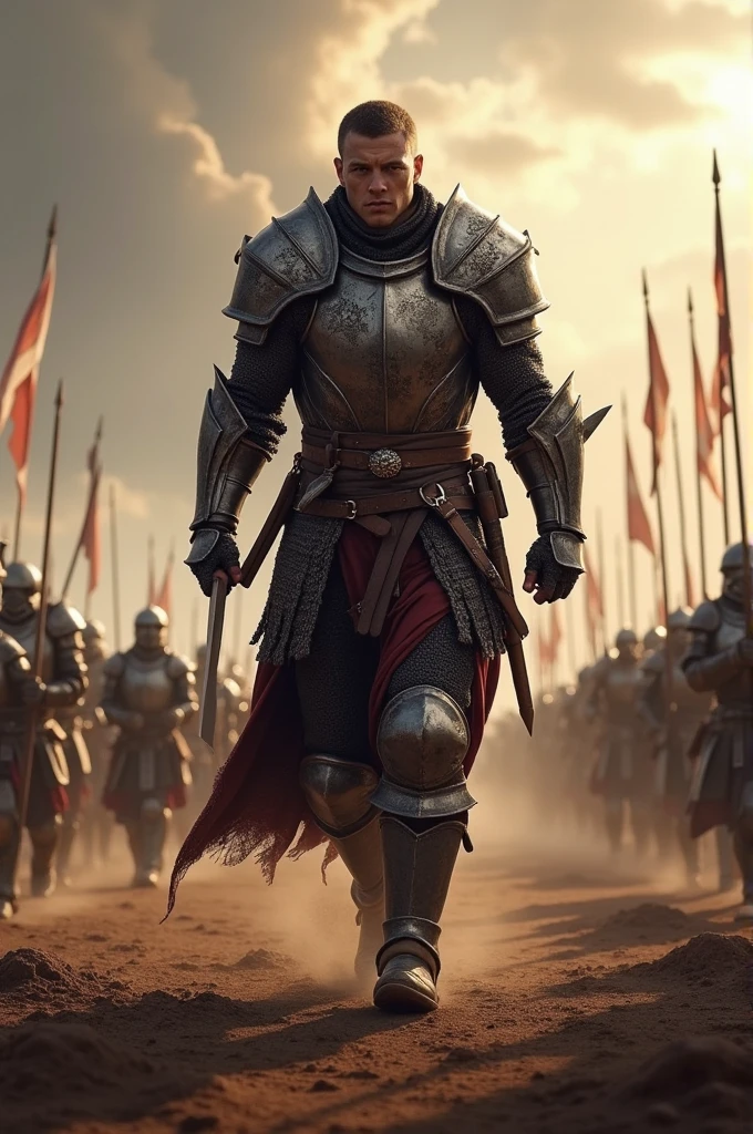 a warrior walking towards an enemy army
