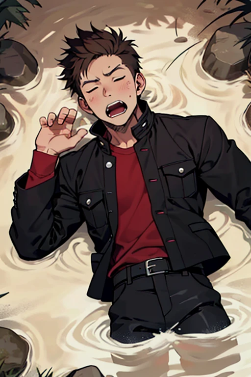 One boy, alone, Iris, Point pupils, Brown Hair, short hair, gakuran, Black jacket,Red Shirt、Black Belt, Black trousers, bad、In muddy water、Sleep with your legs apart,　Scream　Upper Body