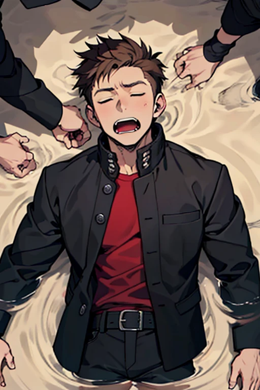 One boy, alone, Iris, Point pupils, Brown Hair, short hair, gakuran, Black jacket,Red Shirt、Black Belt, Black trousers, bad、In muddy water、Sleep with your legs apart, Scream Upper Body