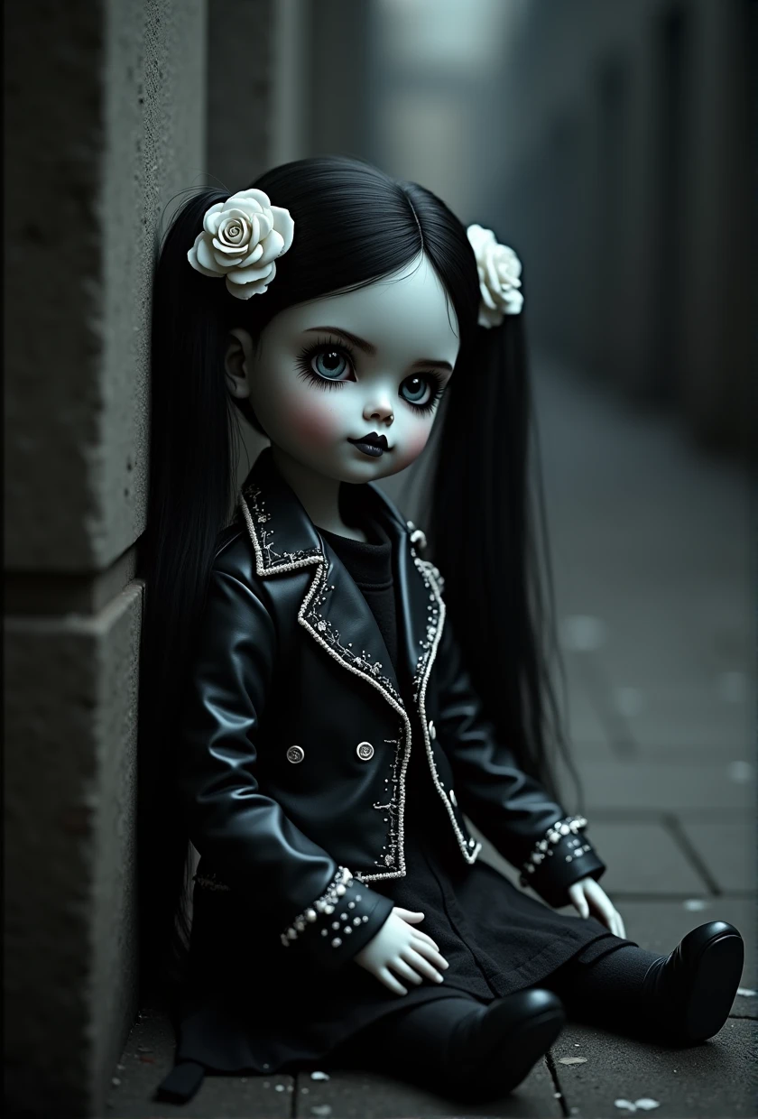 1porcelain doll, long twin pigtails with a white rose, black fur, detailed face, ((emotionless expression)), ((lifeless)), smooth white skin, smooth white eyes, long eyelashes, (look down), black eyeliner, white face makeup, grey lipstick, black leather jacket, Detailed Jacket, (white adorned), (Dark horror theme), cold lighting, white lighting, (dust), Sitting leaning against the wall, (nod), (sitting in a dark alley), porcelain doll, (masterpiece:1.2), Super detailed, Best Quality