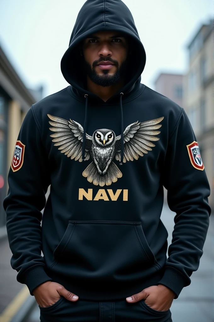 I want a hoodie for the 2024 promotion
And with an HG logo on the shoulders
And that has a dark owl on the back
And on the chest with small letters that says NAVI
