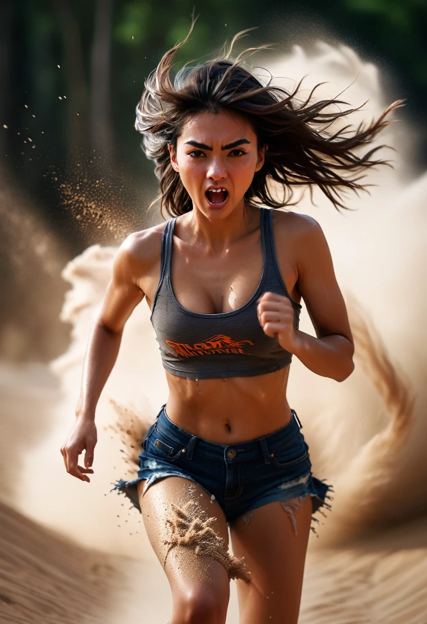 long exposure photo of a {sexy girl running from a(fierce and furious)monster, torn and tattered clothes} blurred edges, low angle, below view, slow shutter speed motion photography, whirl dust trail behind, shot on Fuji Film XT4 camera f/2. ISO 200, dynamic motion, cinematic movement, blurry edges, super detailed, perfect face, perfect motion, side view, best wallpaper quality, 8k, dust trail along the motion with a sand element transition movement of color background