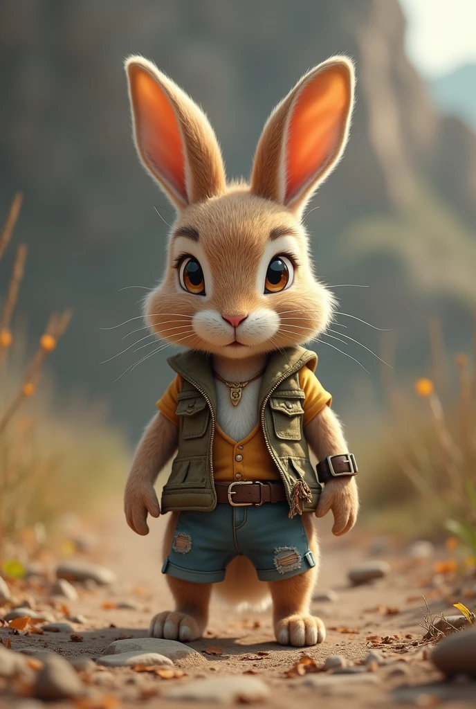 Rescue story "A cute and determined anthropomorphic rabbit cub, dressed in a torn vest, Short pants, walking on solid ground. The rabbit's fur is soft and well-groomed, which adds a touch of charm to his fierce training session. 8K resolution,
