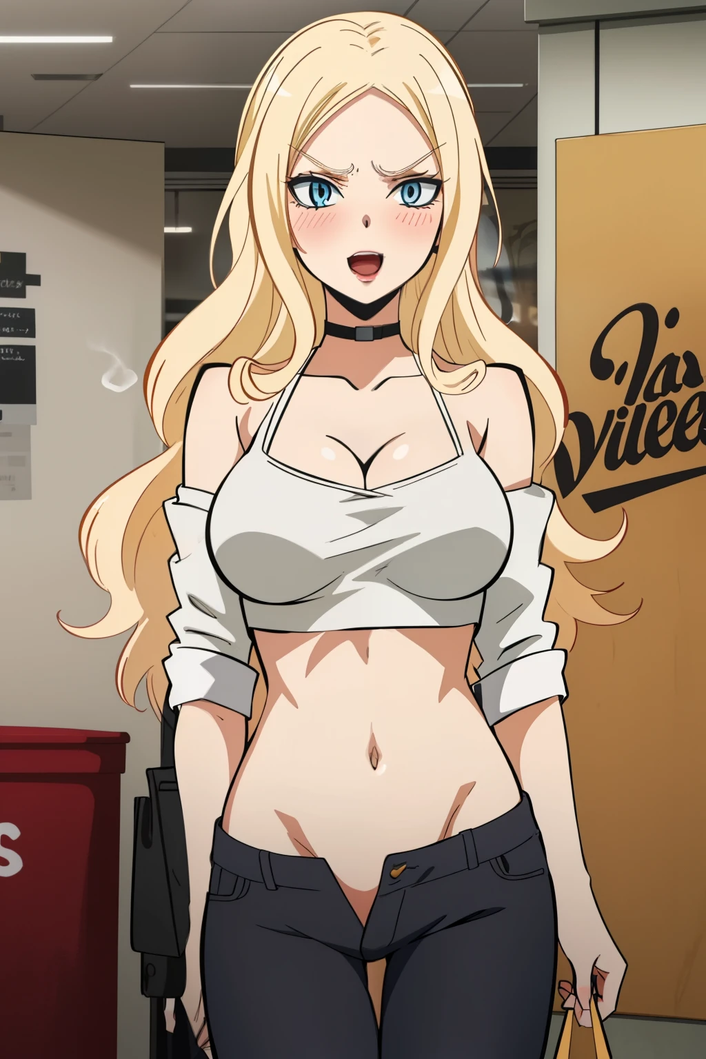 1girl, IrinaJelaviÄR4, blonde hair, blue eyes, long hair,, blush, lipstick, Hot girl, baddie, staring, glaring, bad attitude, mean girl, crazy, smoking, sensual, attractive, mall, shopping center,indoors, masterpiece,high quality,4k, shirt, bare shoulder,belly,crop top,holding pistol,cleavage,casual dress,smile, open mouth, evil expression, exposed belly, exposed navel, exposed midriff, exposed lower belly, crop top overhang, underboob,jacket, unbuttoned jeans , low rise black jeans, Low rise jeans, Low rise jeans with open fly