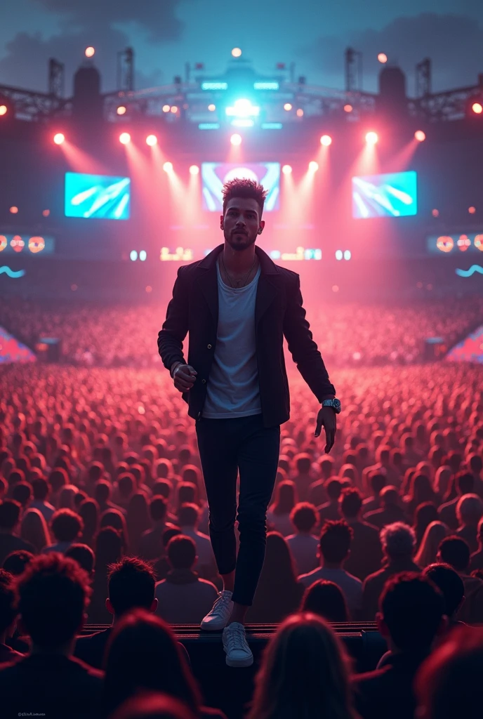 Create an image of this man singing to millions of people